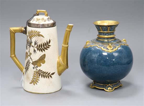 A Royal Worcester powder blue ground vase and a Royal Worcester Japonaise gilt decorated pot and cover